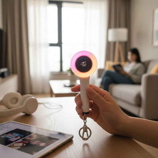 Lightstick Shop TWICE Candy Bong mini lightstick keychain glowing with a pink and white design in a hand.