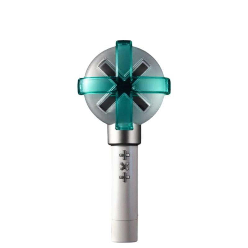 Lightstick Shop TXT Official Lightstick Ver.2, white with teal accents, features Bluetooth sync and a unique cross design.