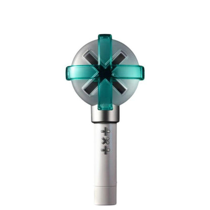 Lightstick Shop TXT Official Lightstick Ver.2, white with teal accents, features Bluetooth sync and a unique cross design.