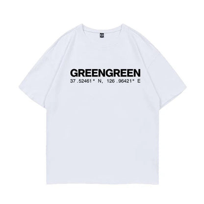 CORTIS GREENGREEN white cotton t-shirt with black wordmark and coordinates print