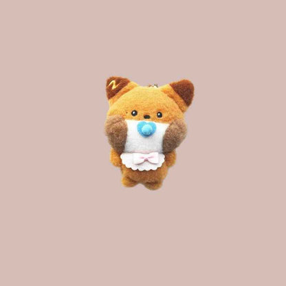 Lightstick Shop Zeroni plush mascot doll, a brown fox-like character with a blue pacifier and pink bow on a white bib.