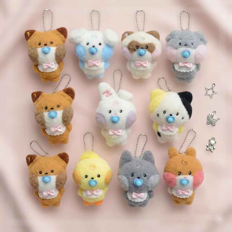 Lightstick Shop Zeroni Plush Mascot Doll collection featuring 9 pastel-colored animal characters with pacifiers and pink bows.