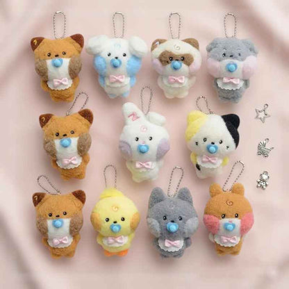 Lightstick Shop Zeroni Plush Mascot Doll collection featuring 9 pastel-colored animal characters with pacifiers and pink bows.