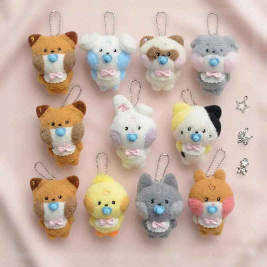 Lightstick Shop Zeroni Plush Mascot Doll collection featuring 9 pastel-colored animal characters with pacifiers and pink bows.
