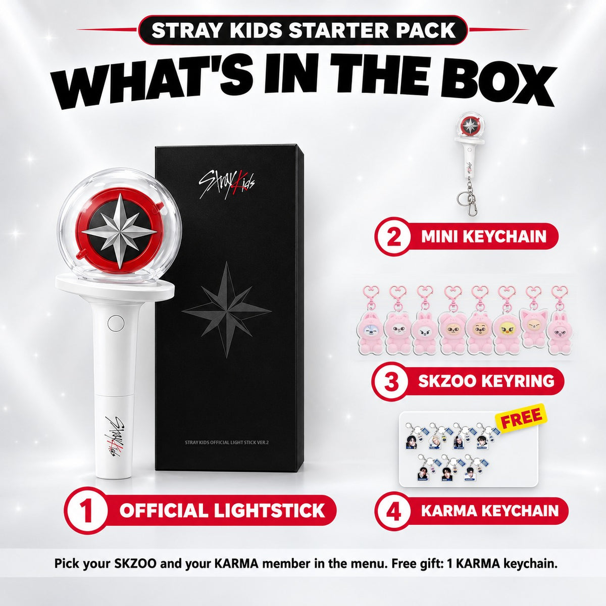 What's in the Stray Kids Starter Pack: official Nachimbong Ver.2 with box, mini keychain, SKZOO keyring (8 to choose from) and a free KARMA keychain - Stray Kids Lightstick Bundle
