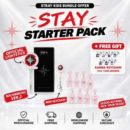 Stray Kids Starter Pack: official Nachimbong Ver.2 with its box, mini keychain, SKZOO charm keyring (your pick) and a free KARMA keychain - Stray Kids Lightstick Bundle