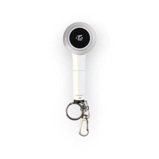 Lightstick Shop TWICE Candy Bong mini lightstick keychain with white handle and black logo on a pastel grid background