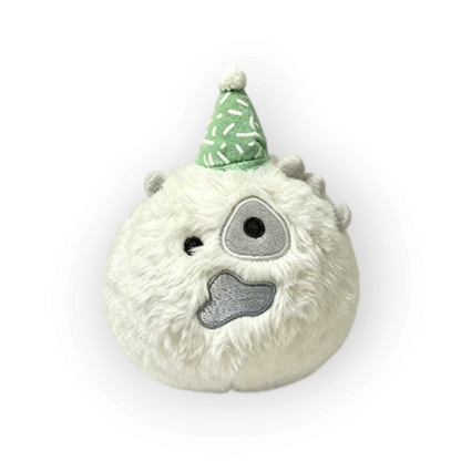 CORTIS Ball birthday plush in white with a sprinkle-pattern party hat and mismatched eyes